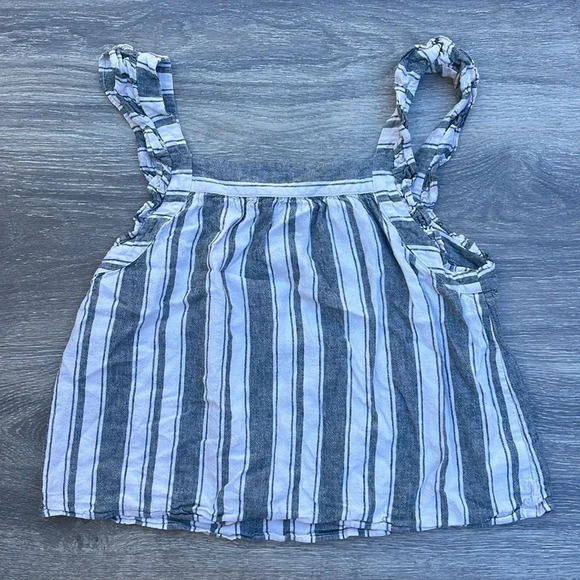 Loft Striped Ruffle Shoulder Linen Blend Shell Tank - Picture 7 of 8